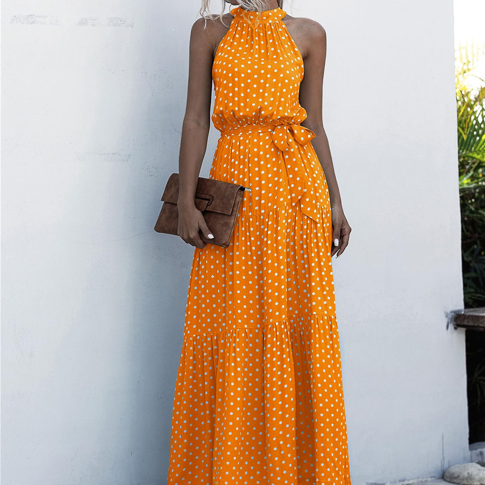 thumbnail image 1 of Vestido casual con estampado de lunares para mujer, cintura elástica, dobladillo grande, falda larga para fiestas y banquetes, 1 of 2