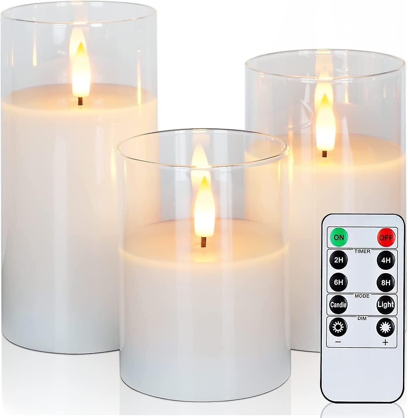 Clear Glass Flameless Candles Battery Operated With Timer, Remote Control, Led Pillar Candles Batter