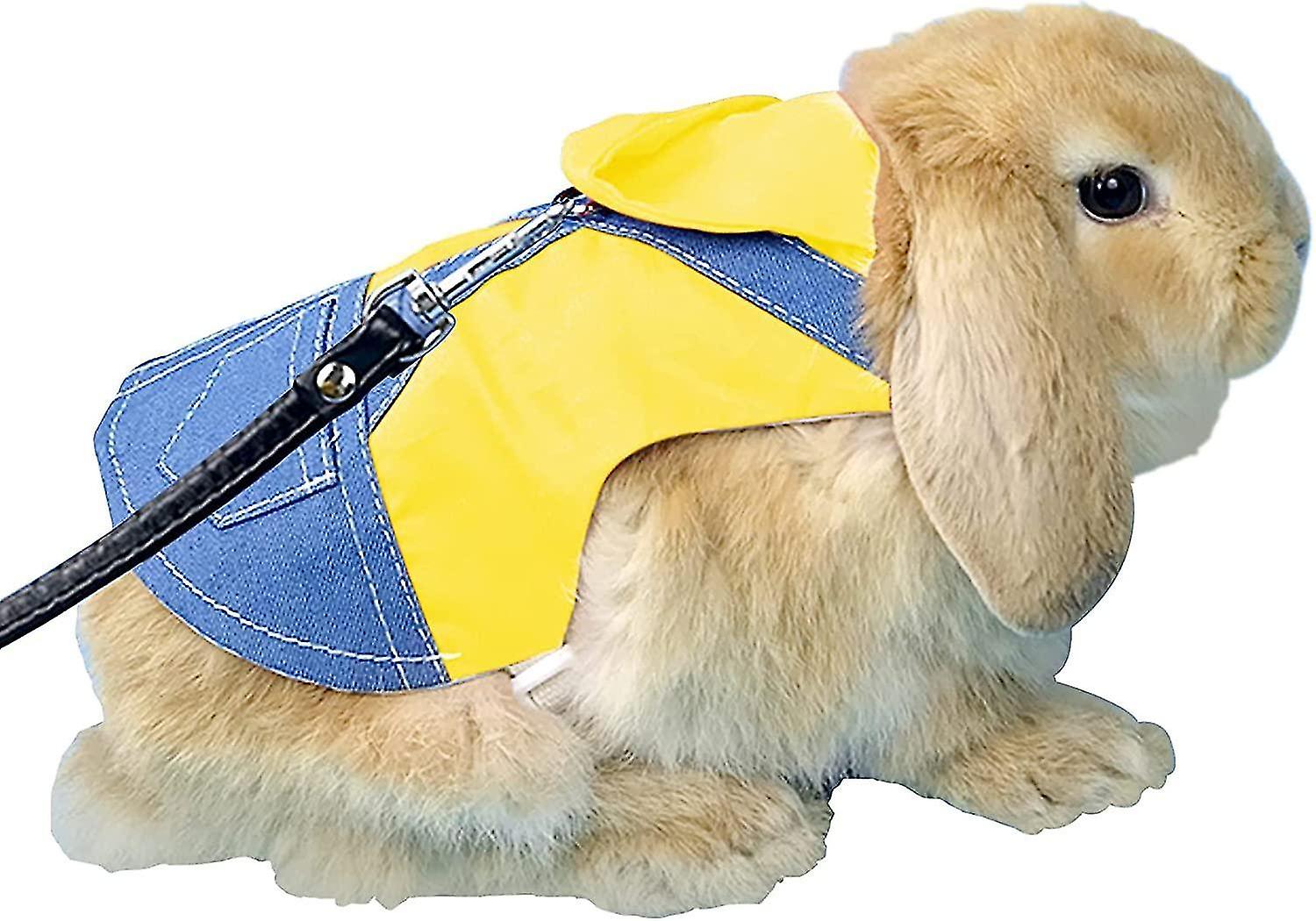 Rabbit Harness And Leash Set, Breathable And Casual Denim Strap With Comfortable Leather Leash 1.25m
