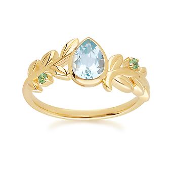 O Leaf Sky Blue topaz & Tsavorite Ring In 9ct Yellow Gold