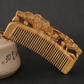 Grønn sandeltre kam dobbeltsidig utskåret påfugl åpning skjermen Jade sandeltre hår kam rett hår ingen knute ~ 18147