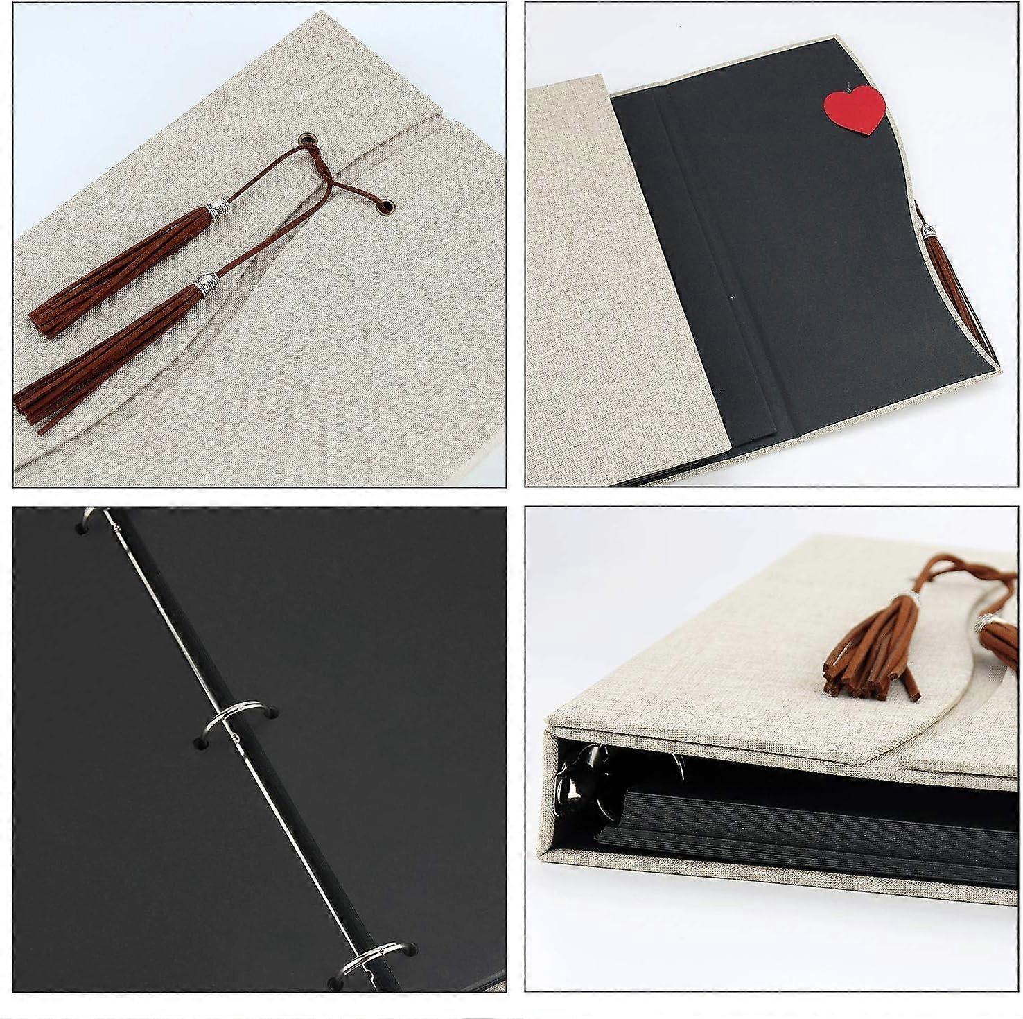 ألبوم صور DIY مع صفحات سوداء ، سجل قصاصات ، كتاب صور الكتان ، مع زخرفة عتيقة