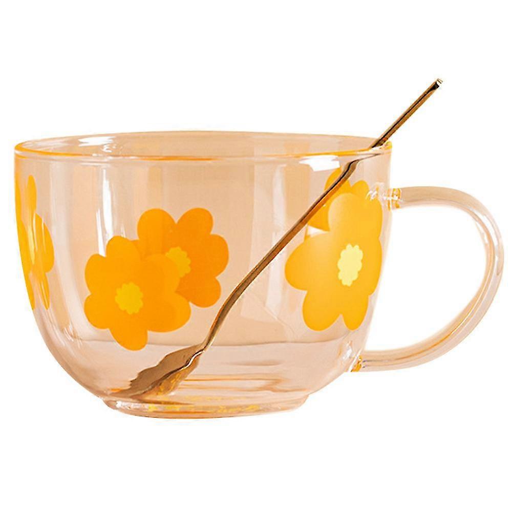 500ml Glass Milk Mug With Flower Pattern, With Spoon Orange