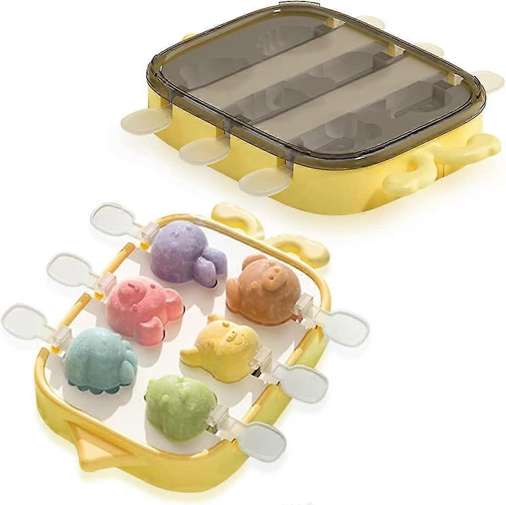 6 Cavities Animal Ice Lolly Moulds, Ice Pop Maker With Reusable Sticks With Lid (yellow Animal)