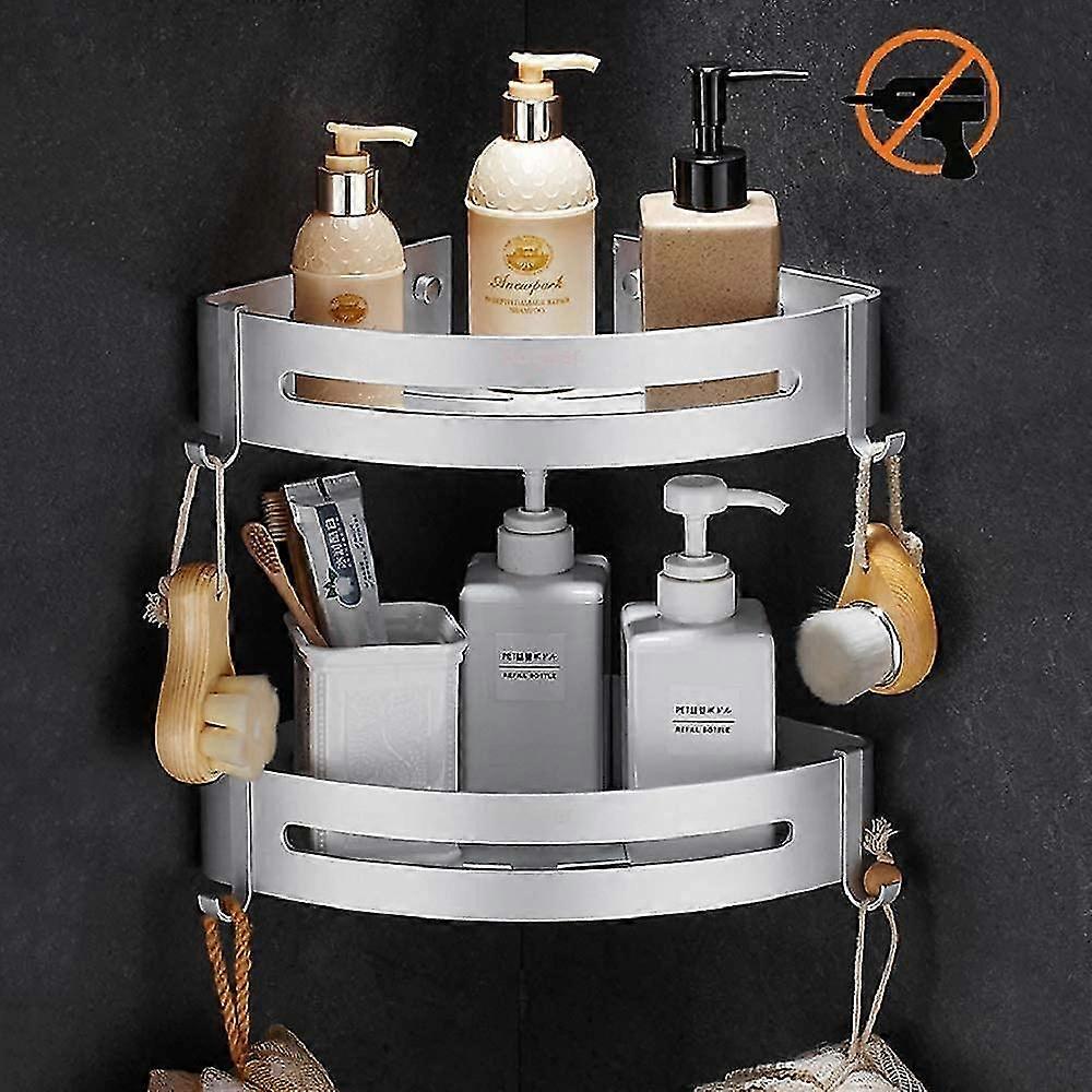 Shower Corner Shelf, Bathroom Shelf Without Drilling, Shower Storage Basket With Hooks - Shower Corner Shelf (plata-doble)