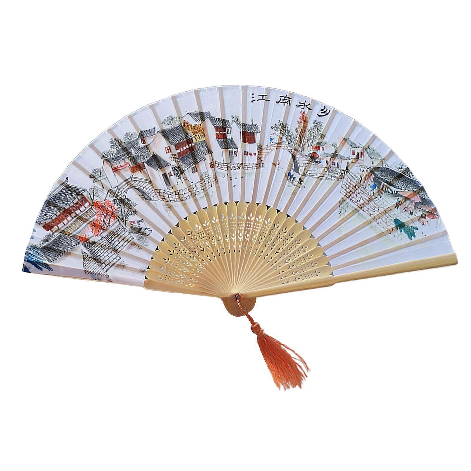 Folding Fan Floral Pattern Vintage Bamboo Fan Exquisite Hand Fan with Tassel for Daily Use Performance Decor