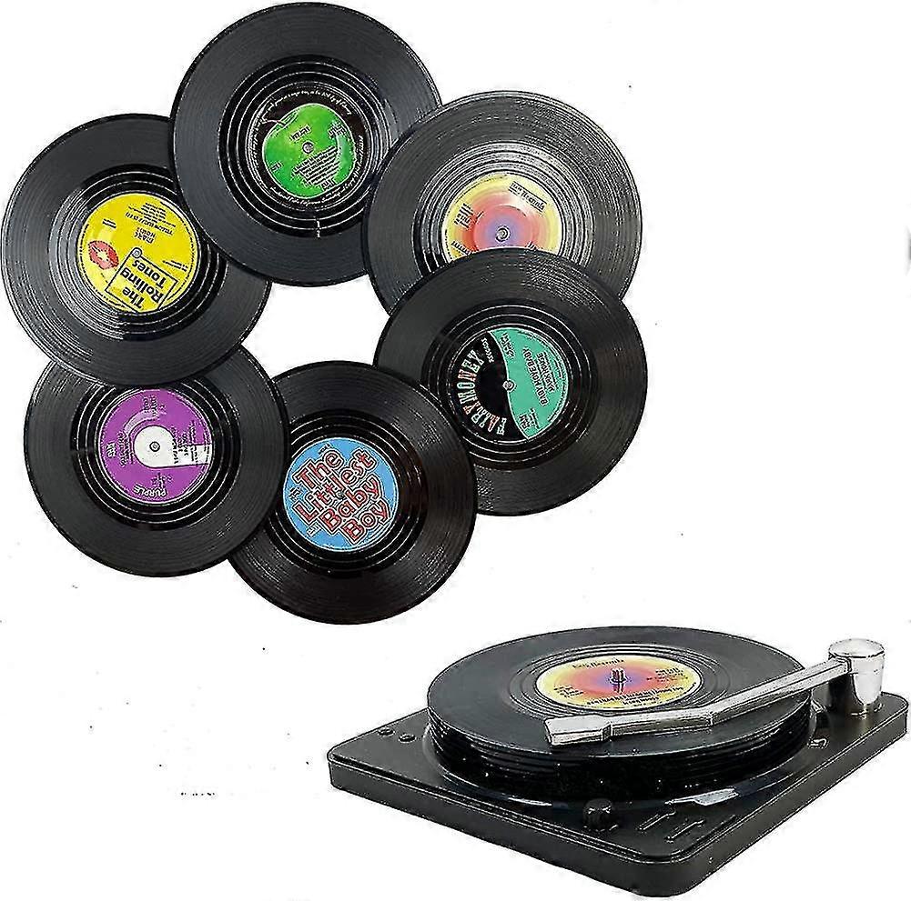 Music Coasters With Vinyl Record Player Holder, Set Of 6 Drink Coasters For Music Lovers