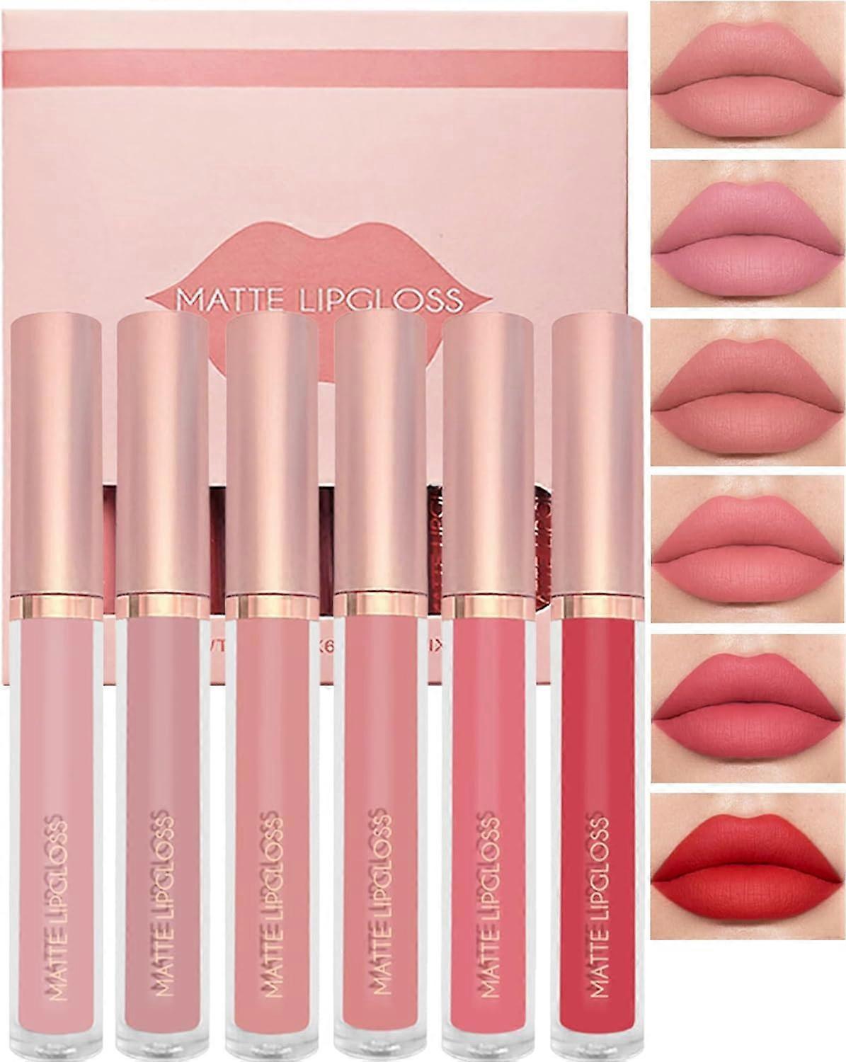 Nude Pink Red Matte Lipstick Set 6Pcs Velvet Air Moisture Smooth Crayon Lip Tint Stain, Long Lasting Waterproof Non-stick Lip Gloss