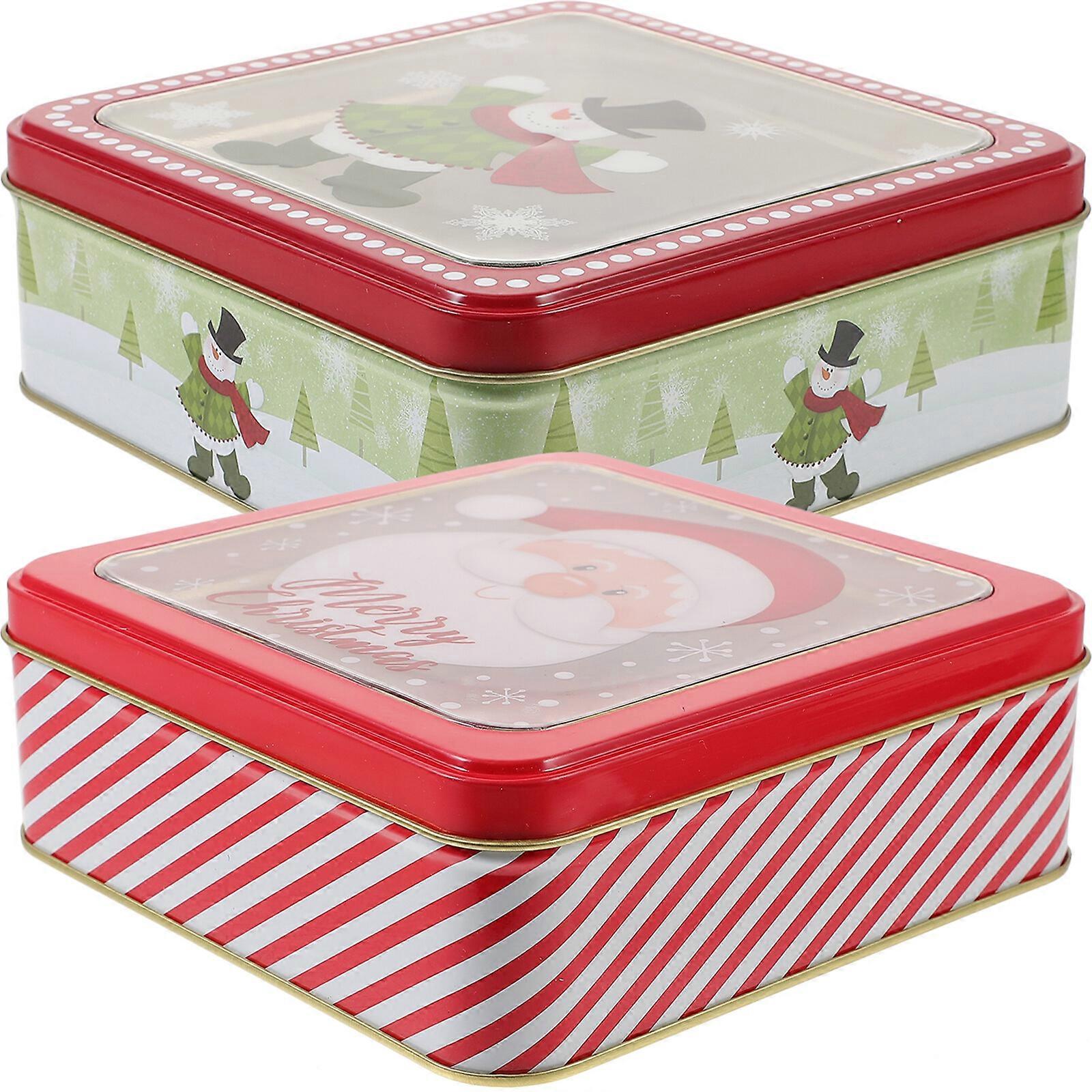 2pcs Christmas Tinplate Tin Visible Gift Candy Jar Capacious Biscuits Cookie Container With Clear Window