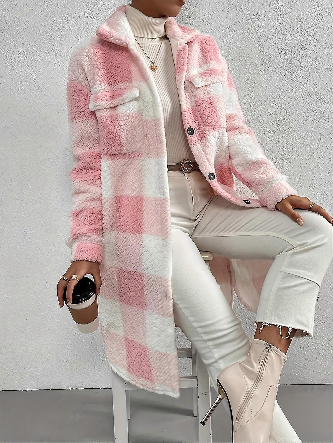 New style Plaid Pattern Teddy Coat, Elegant Open Front Long Sleeve Outerwear, Women's Clothing