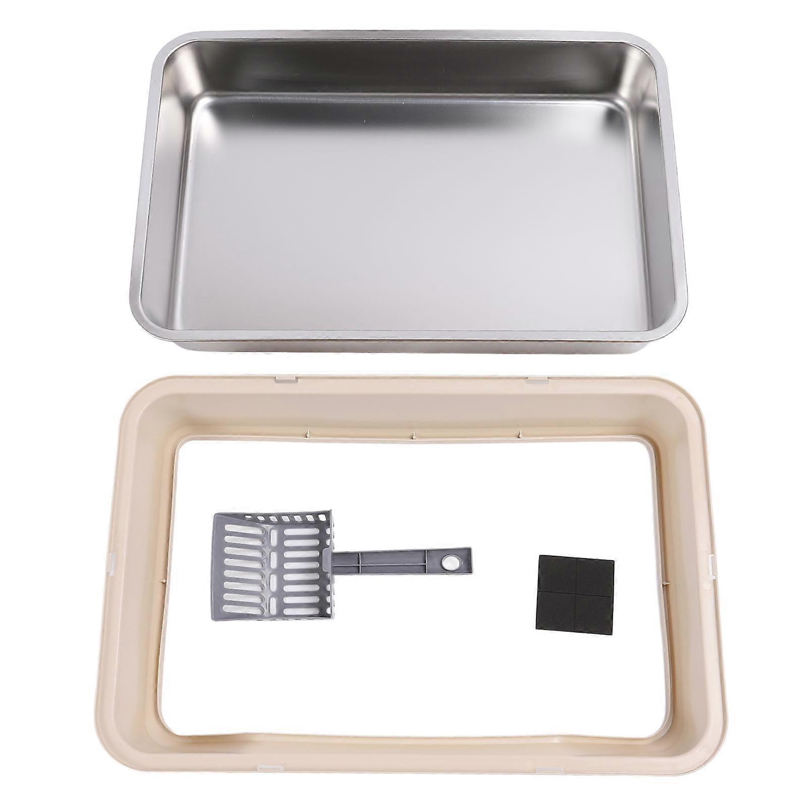 Stainless Steel Cat Litter Box with Lid High Sided Anti Splash Block Odors Easy to Clean Large Size for Pets Khaki