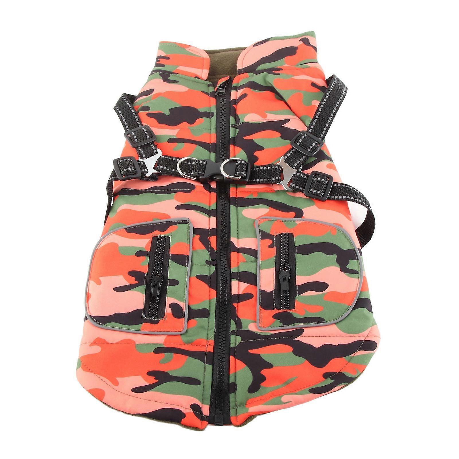 Warm Dog Jacket with Zipper Windproof Fleece Lined Reflective Strip Winter Coat for Dogs Orange Camouflage L