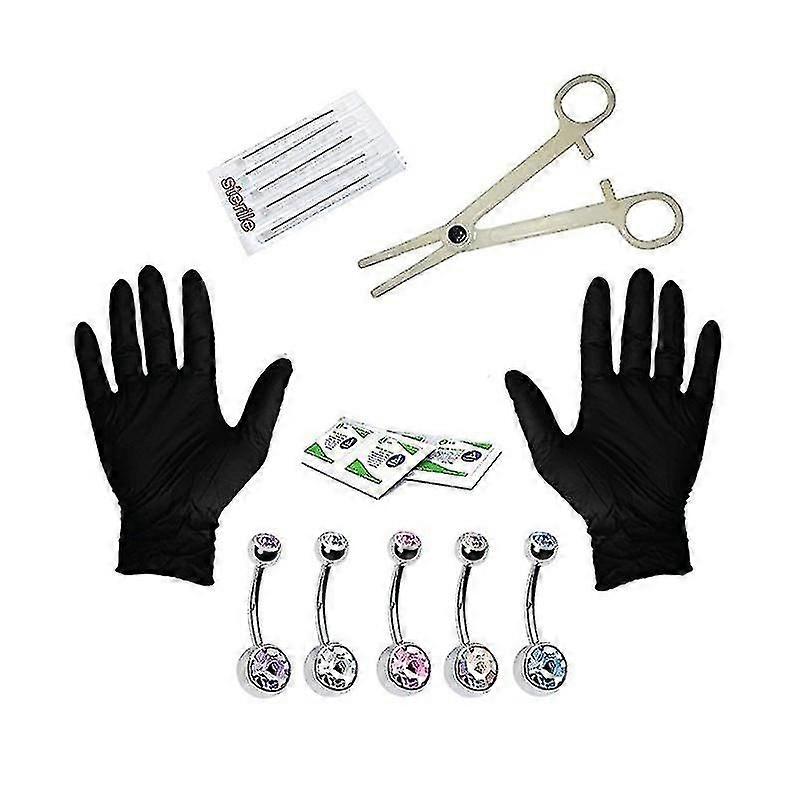 Piercing Kit-15pcs Profesyonel Vücut Piercing Kiti Cerrahi Göbek Butonu Halka Seti Çelik 14g