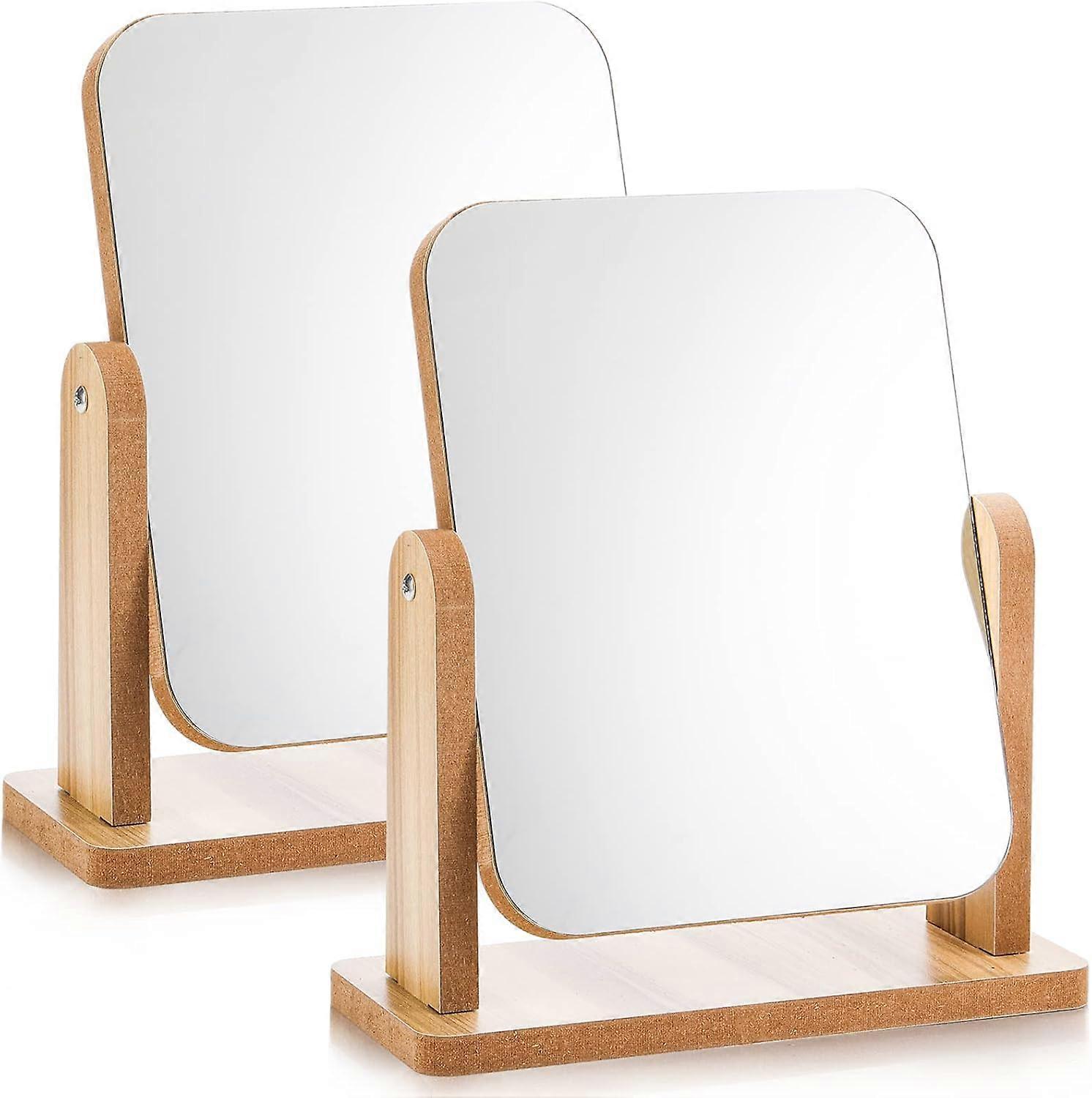 2 Pack Rotation Makeup Mirror with Wooden Stand, Tabletop Design for Desk