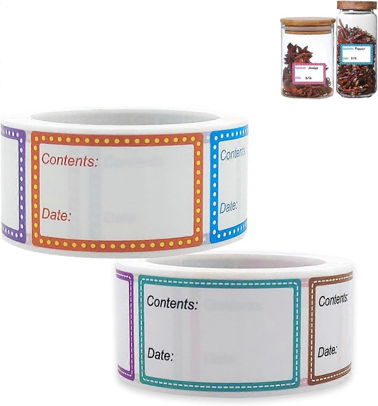 (Multicolor) 2 Rolls Self-Adhesive Jar Labels, 1000 Jam Labels - 25 x 40mm Universal Multifunctional Labels for Freezer Boxes, Jars