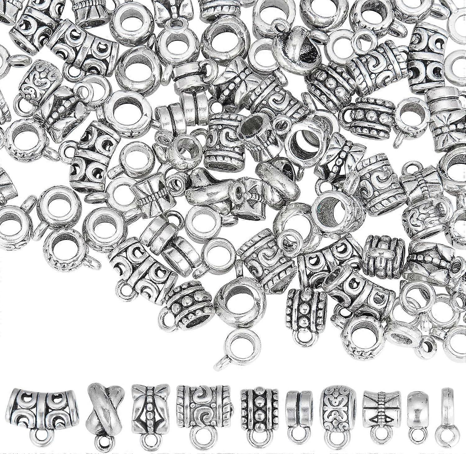1 Box 100Pcs Bails Beads Bulk Clasp Bail Bead Charms Connector Tibetan Style Tube Bails Hanger European Alloy Loop Loose Spacer Large Hole Beads for J