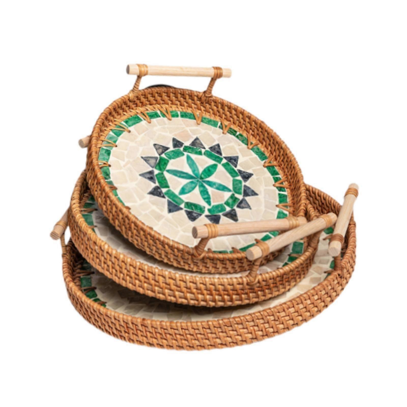 3 قطع صينية تقديم الروطان طبق منسوج مع مقابض لحفلات الشاي في المنزل