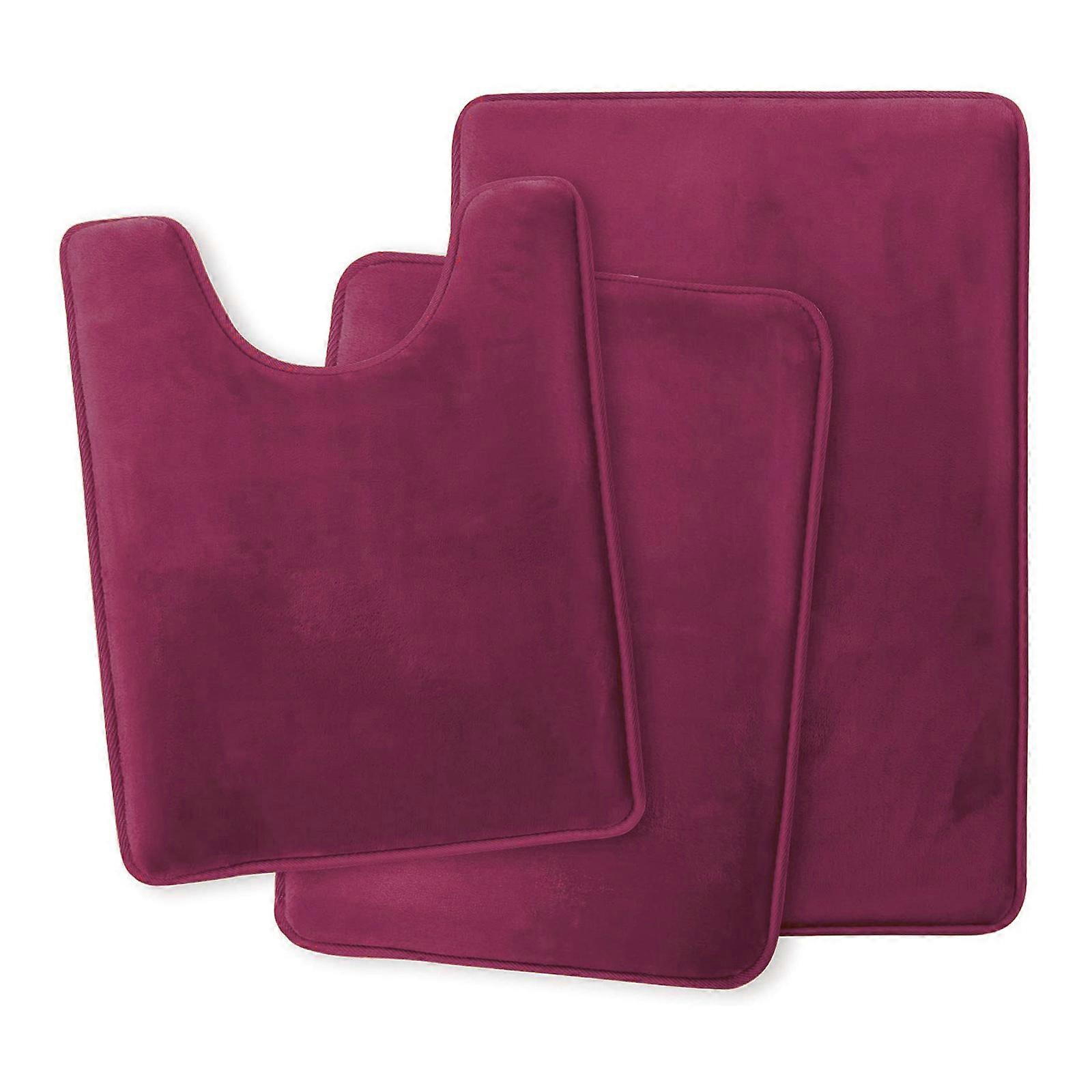 baderomstepper Memory Foam badematte Sett med 3 sklisikre badematter Superabsorberende U-formede tepper Dekorasjon Maskinvask Burgunder