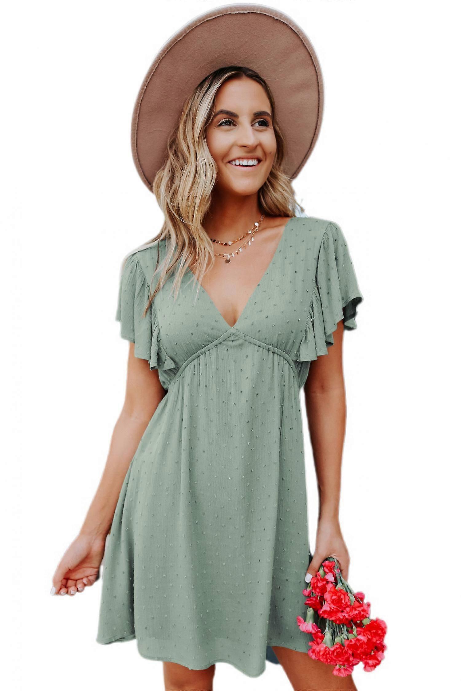 Womens V Neck Ruffle Dress Summer Sexy Flowy Swing Dotted Short Flutter  Sleeve Beach Dresses --- Light GreenSize L | Fruugo IL