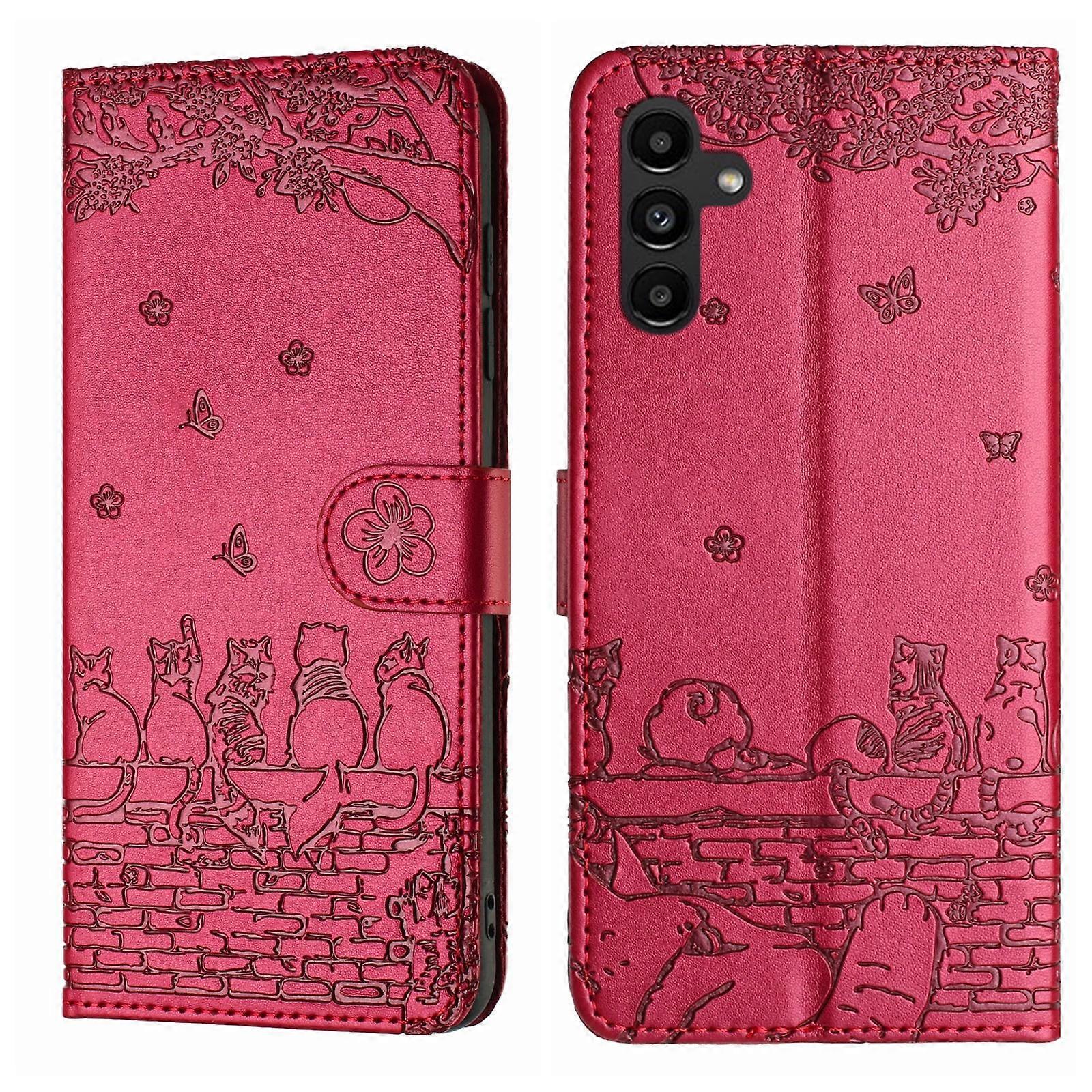Cat Embossing Pattern Leather Phone Case with Lanyard