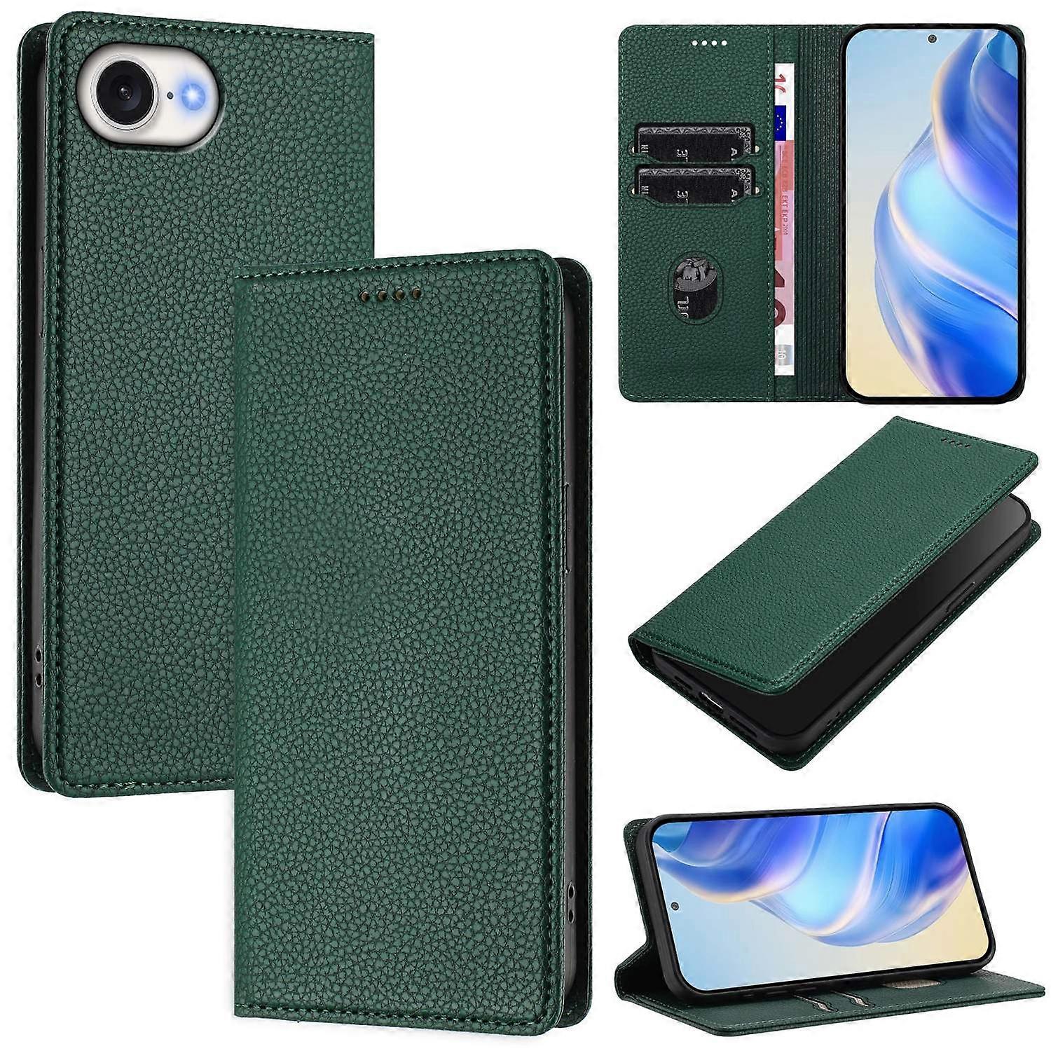 For iPhone 16e Wallet Case RFID Blocking Litchi Texture Leather Mobile Cover-Dark Green