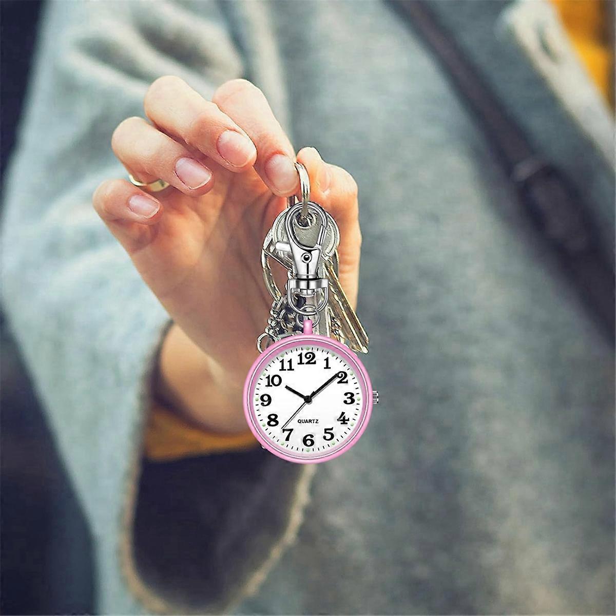 Clip on Pocket Watch with Key Buckle for Nurses Pink+White