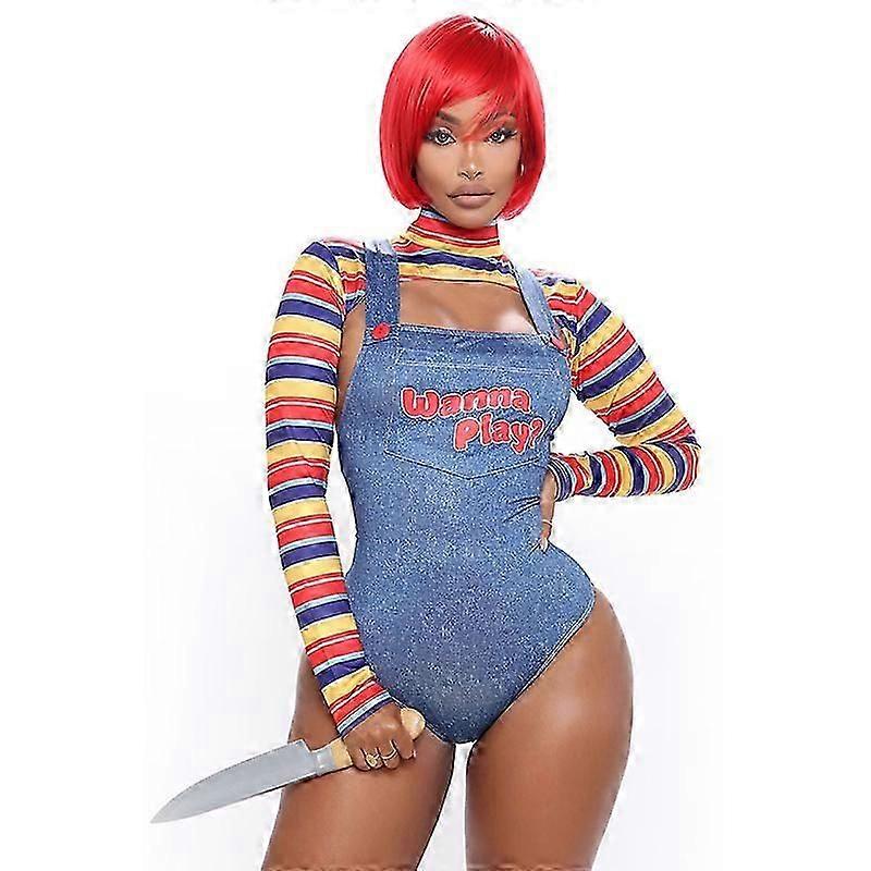 Chucky Cosplay Kostüm Seksi Baskılı Bodysuit Cadılar Bayramı Fantezi Elbise Karnaval Kılık Kadınlar Için