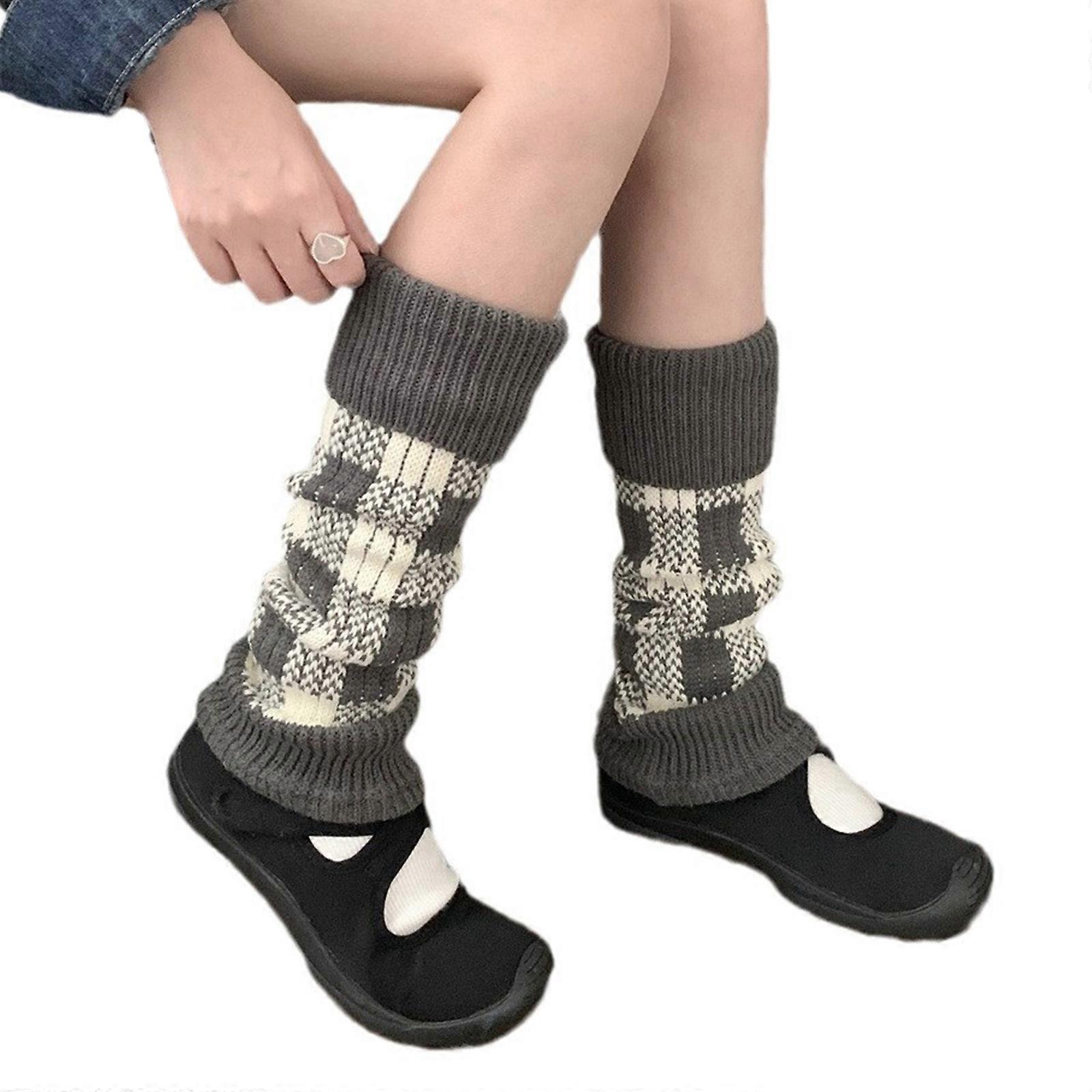 1 Pair Wool Long Leg Warmers with Plaids Pattern Designs Women's Students Vintage Knitted Turn Cuffs Boot Covers Socks soot