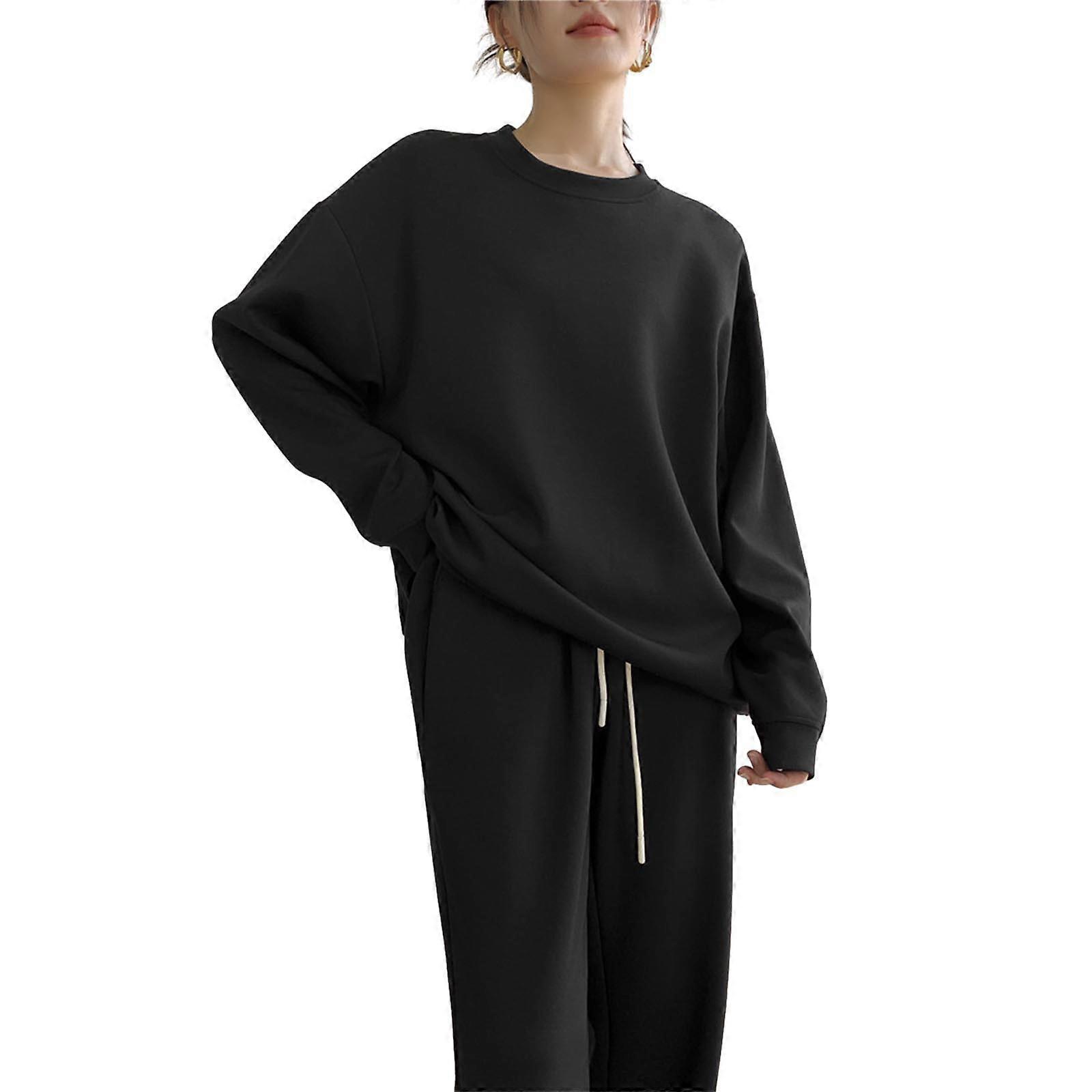 Donna Due Pezzi Abiti Set Coordinati Girocollo Manica Lunga Felpa Con Cappuccio Pullover Top e Pantaloni A Gamba Larga Tuta Tuta Lounge Set Nero L