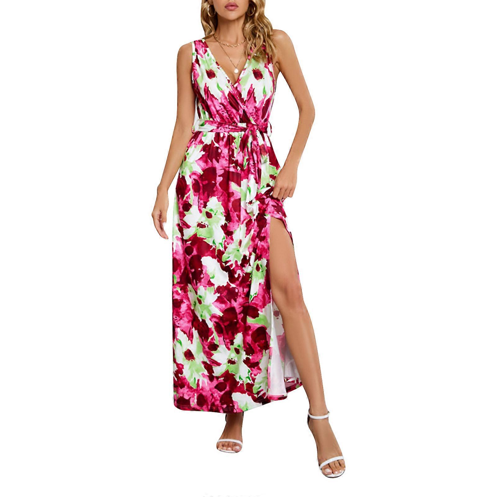 Boho Split Maxi Robe d’été Boho Maxi Robe Maxi Florale Robe longue ALine Robe longue Deep VNeck Robe Bohème de plage Rouge XL