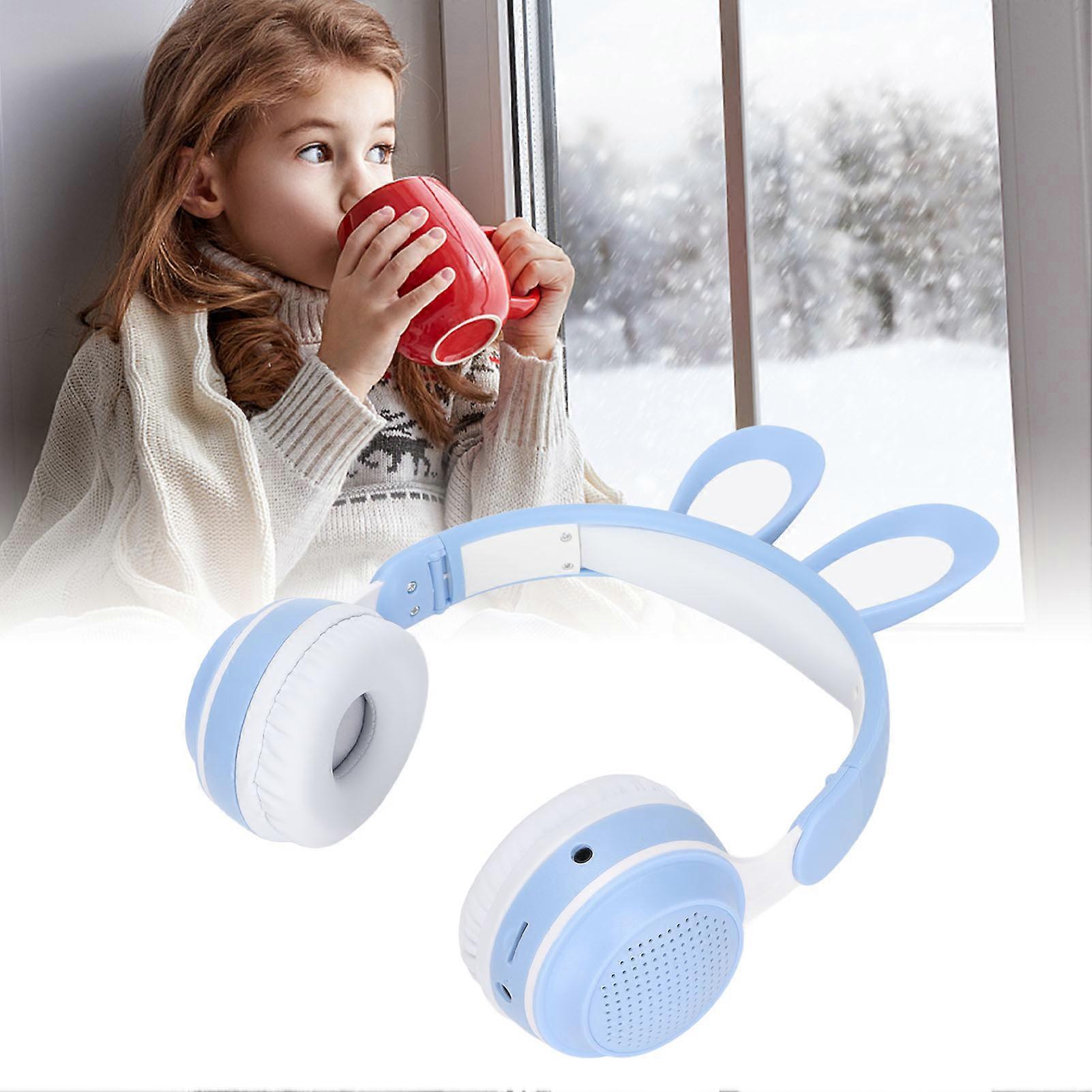 Rabbit Ear Bluetooth 5.0 Headphones Folding Kids Wireless Headset with LED Color Light for PC Tablet Online LearningBlue 