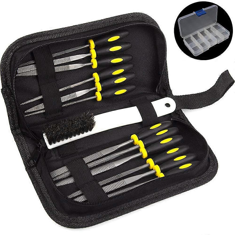 Wood Rasp File Kit - 12 Assorted Needle Files Set with Bristle Brush and Carrying Case, Flat, Round, Half Round, Square, Triangle