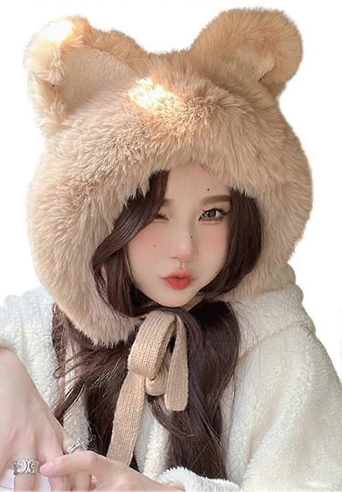 Women's Winter Peruvian Ear Cap Khaki Faux Fur Cat-Ear Beanie Skull Cap One Size Snow Skiing