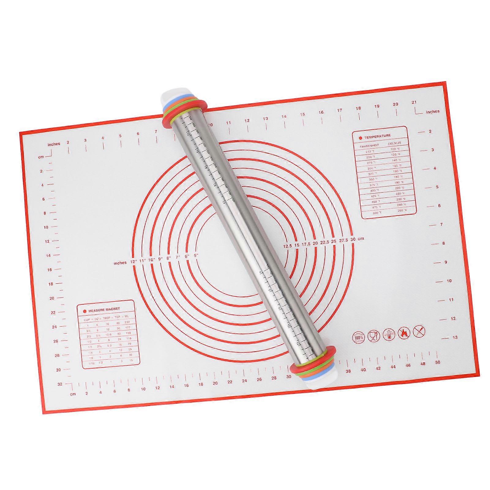 Stainless Steel Rolling Pin Silicone Mat Set Adjustable Convenient Scale Versatile Rolling Pin Silicone Baking Mat for Dough Pizza Pie Pasta Red Sili