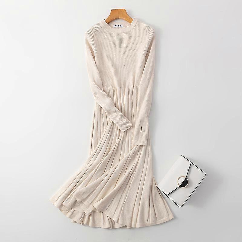 Autumn Winter Chic Solid Knitted Sweater Dress Full Sleeve Ribbed Thick A-line Long Pullover Party