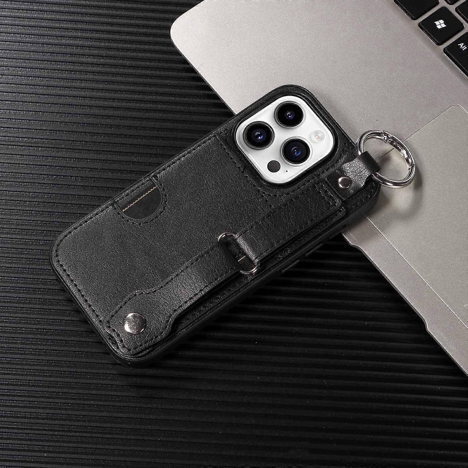 Case For Iphone 13 Pro Max Black Calf Pattern Card Holder Ring Buckle Wrist Strap