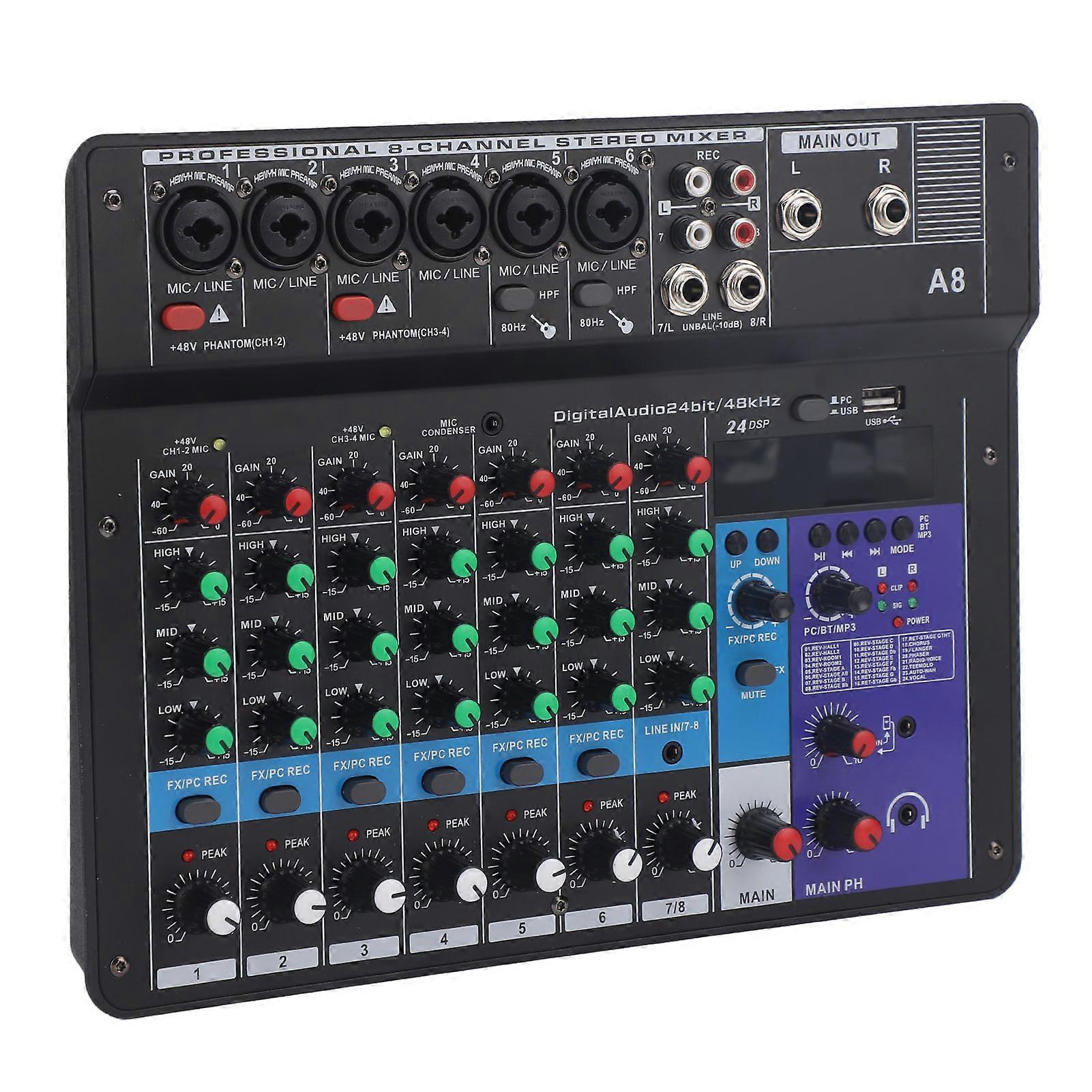 8-Channel USB Bluetooth Mixer with 48V Phantom Power & LED Light