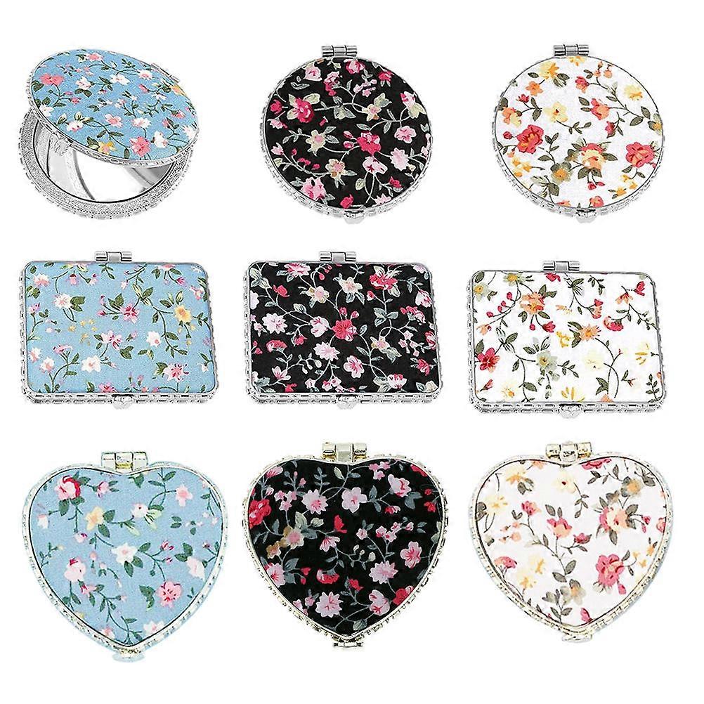Hand Held Mirror Small Makeup Mirror Flower Pattern Double-sided Compact Travel