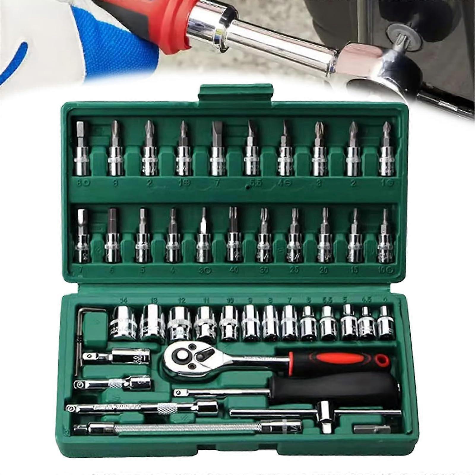 46piece wrench tool set – including extension bar, coupling, ratchet, wrench, screwdriver head and case for easy storage and transport green