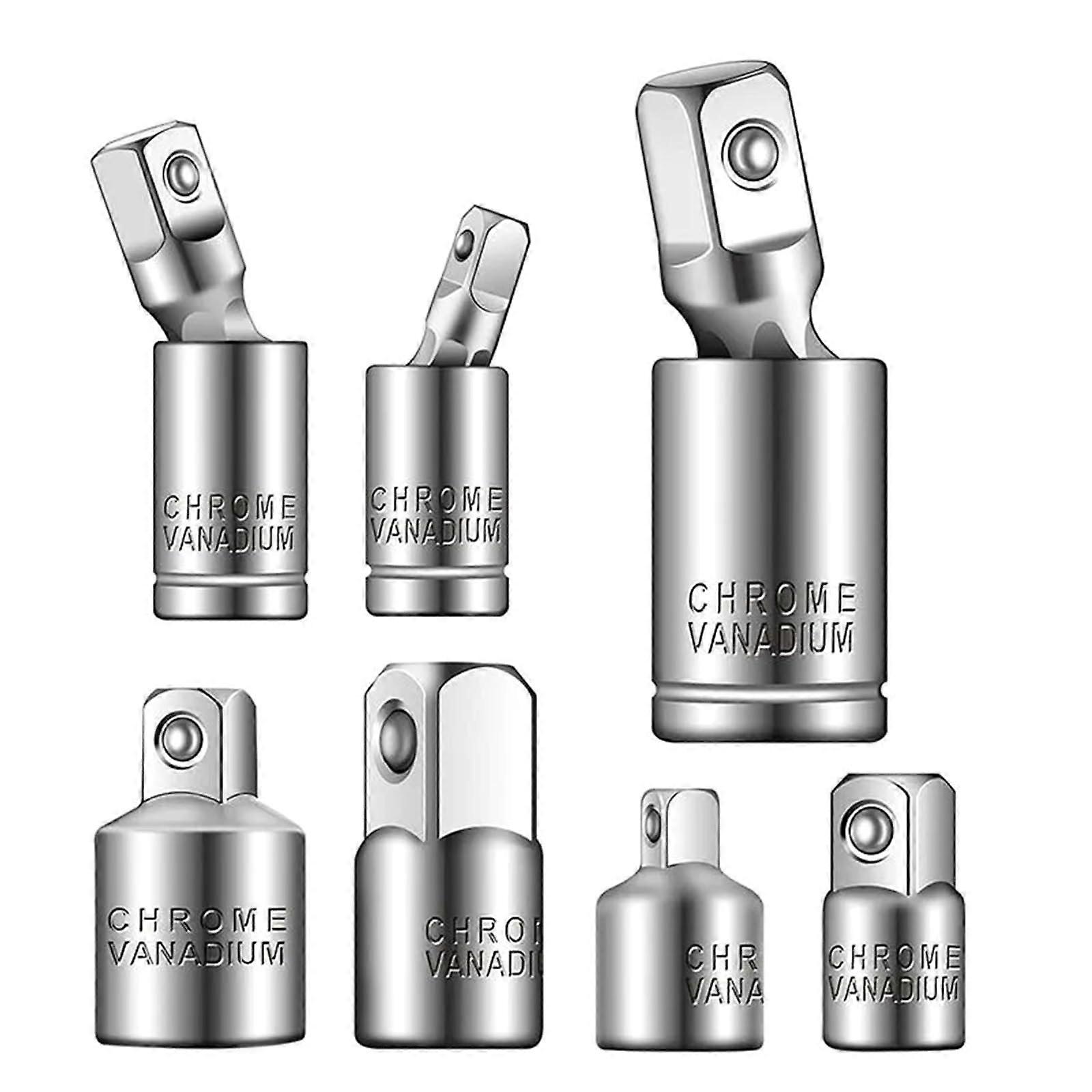 Small 7-Piece Ratchet Adapter Set With Rotating Socket Adapters For 1/4, 3/8, 1/2 Inch Drive Sockets