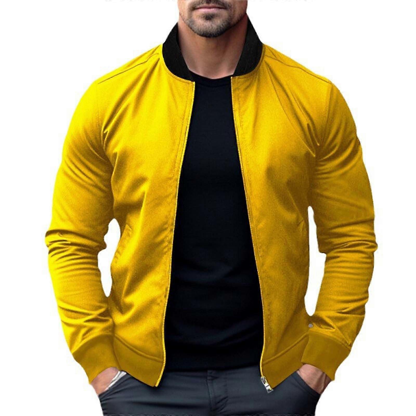 Jacket Men's Lightweight Bomber With Zipper Stand Collar Cuban Collar Long Sleeve Fall Winter Yellow XXL