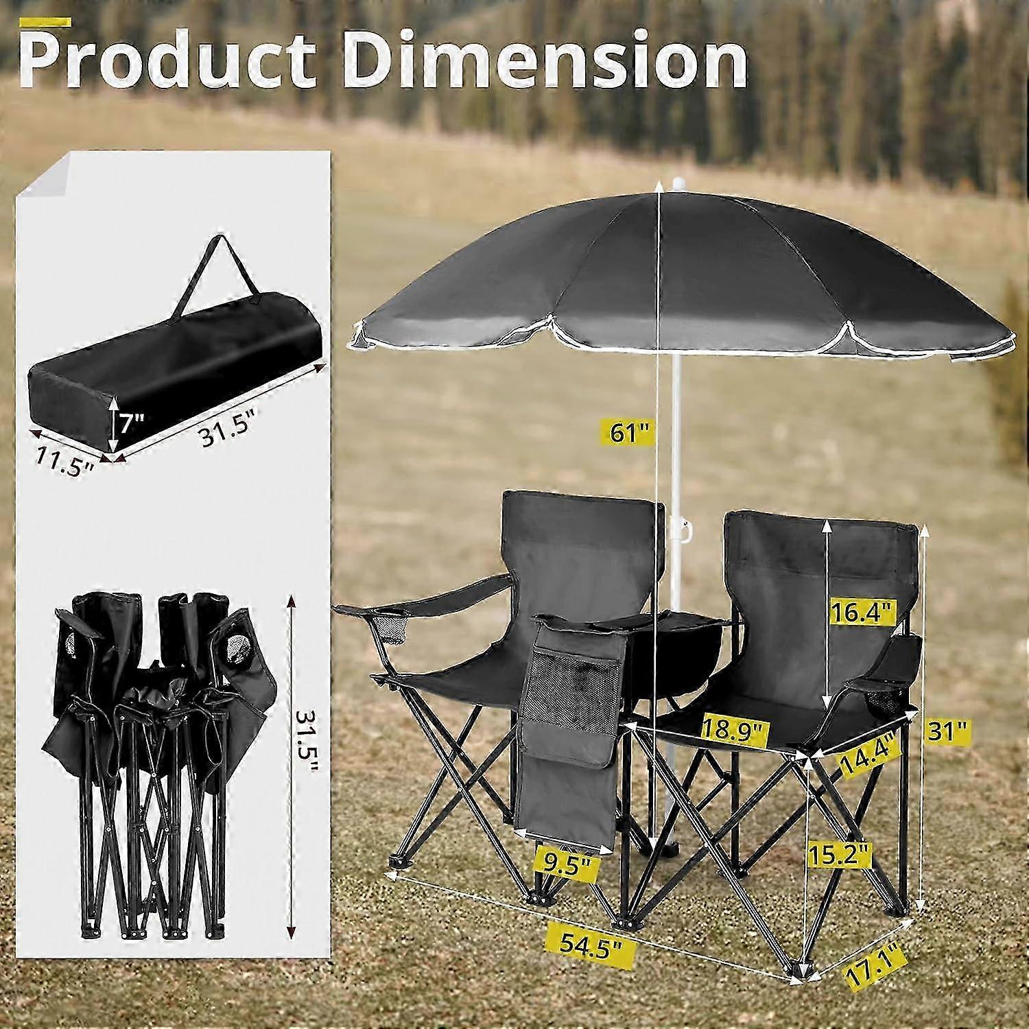 2025 Folding Double Chair Umbrella Beverage Holder carrying Bag Cooling Folding Table, Beach Pool Park Park Open Air for Black