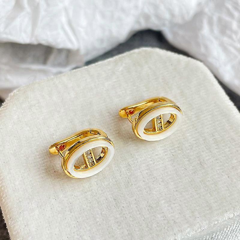Chic Oval Clip - On Earrings, Gold - Toned with White Inlay & Small Crystals, Sophisticated & Modern, Suitable for Office or Formal Occasions