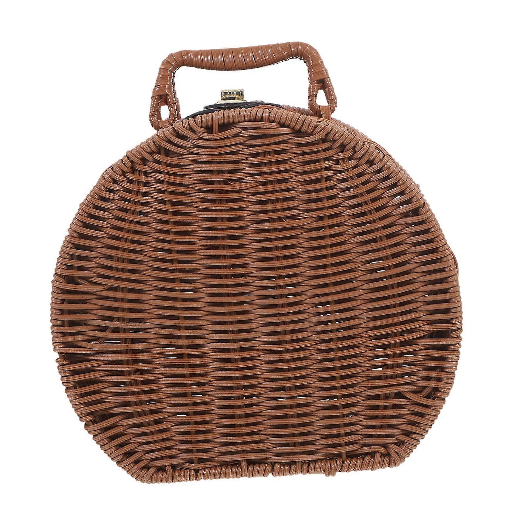 Handwoven Imitation Rattan Picnic Basket with Handle Compact Rustic Storage Case for Picnic Hiking Camping Wedding Props and Home Organization