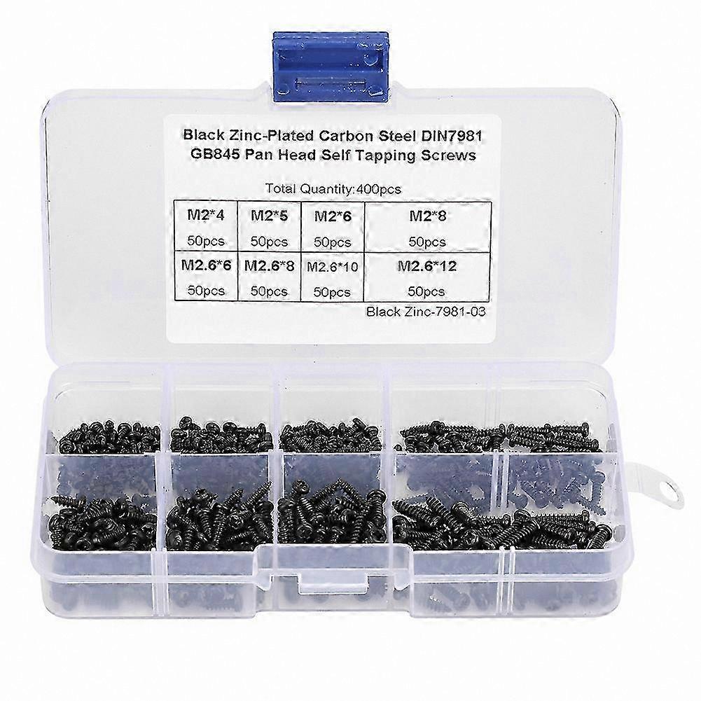 Assorted Kit of 400 Black Self-Tapping Screws M2 M2.6 Cross Pan Head Fasteners