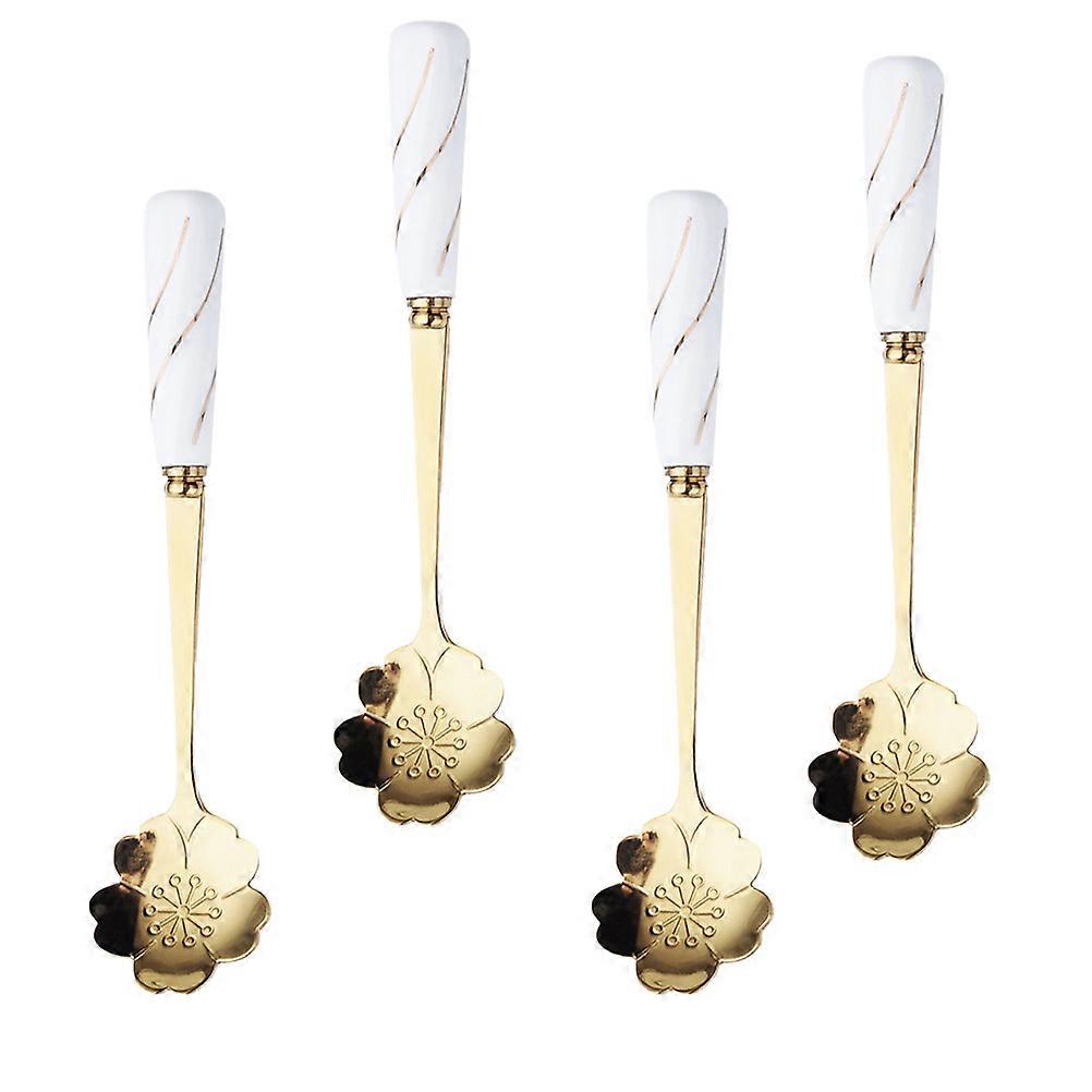 Ceramic Handle Spoon Coffee Scoop for 4Pcs Elegant Flower Design