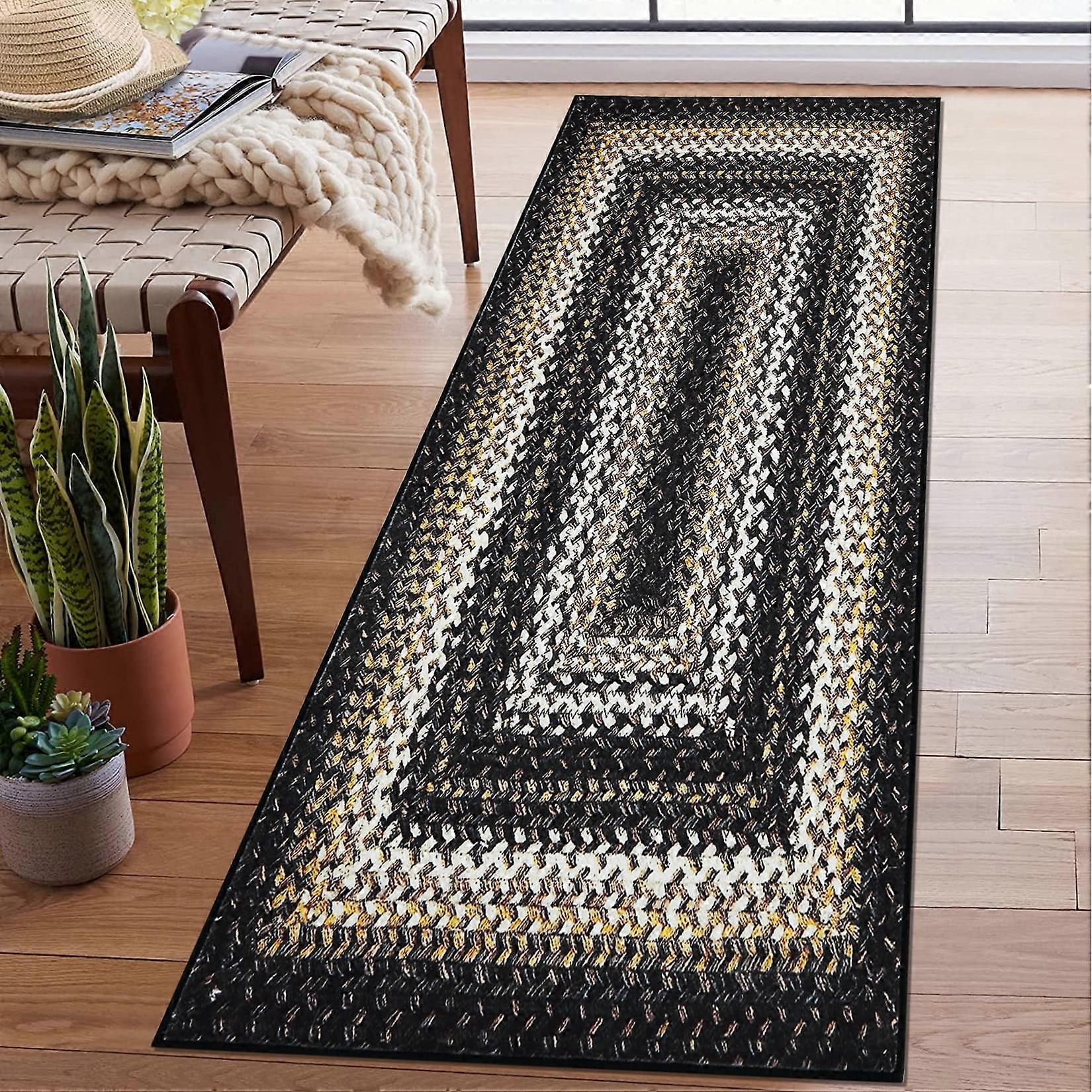 Haperlare Vintage Braided Area Rug, 2' x 10' Black - Washable, Non-Slip, Foldable, Ultra Soft Lightweight Boho Geometric Print