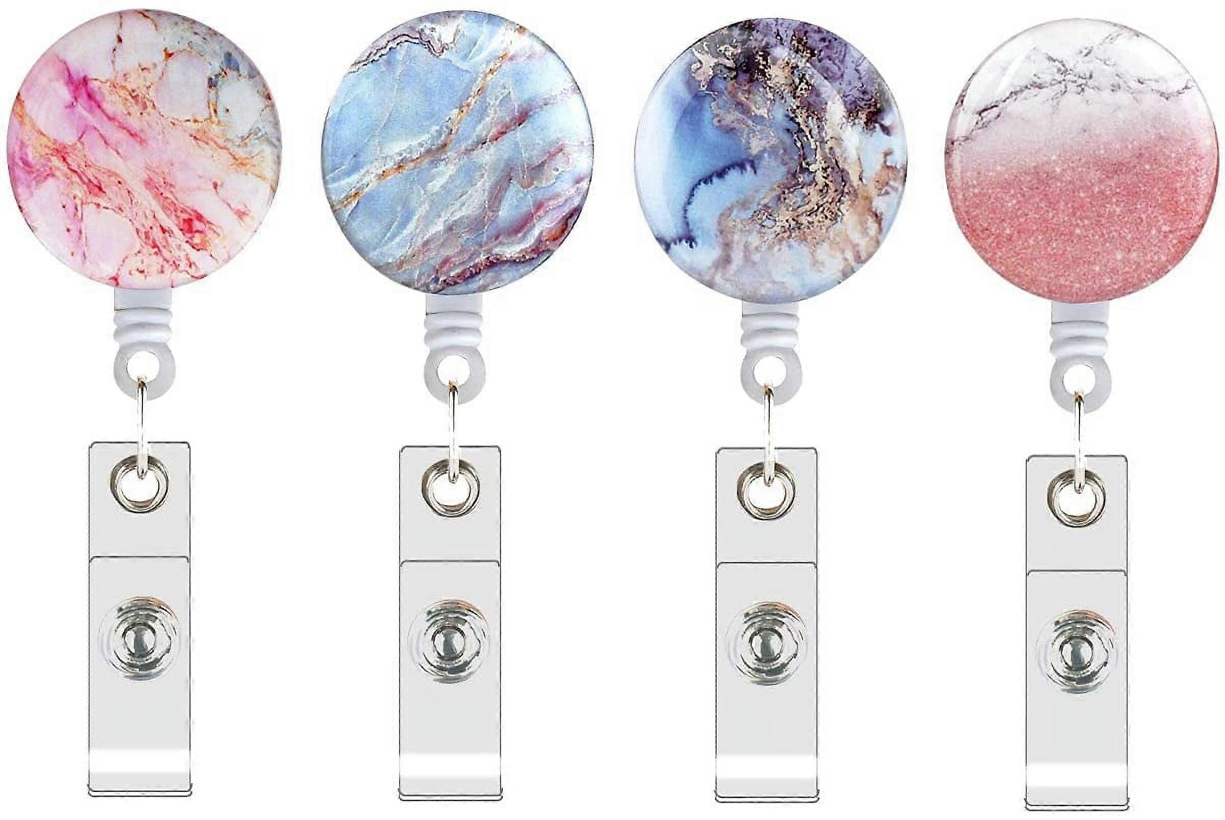 4 Pack Marble Badge Clips with Retractable Reel, Compatible with ID Cards, Name Badges for Nurses, Doctors, Office Workers, Students, Pink & Blue