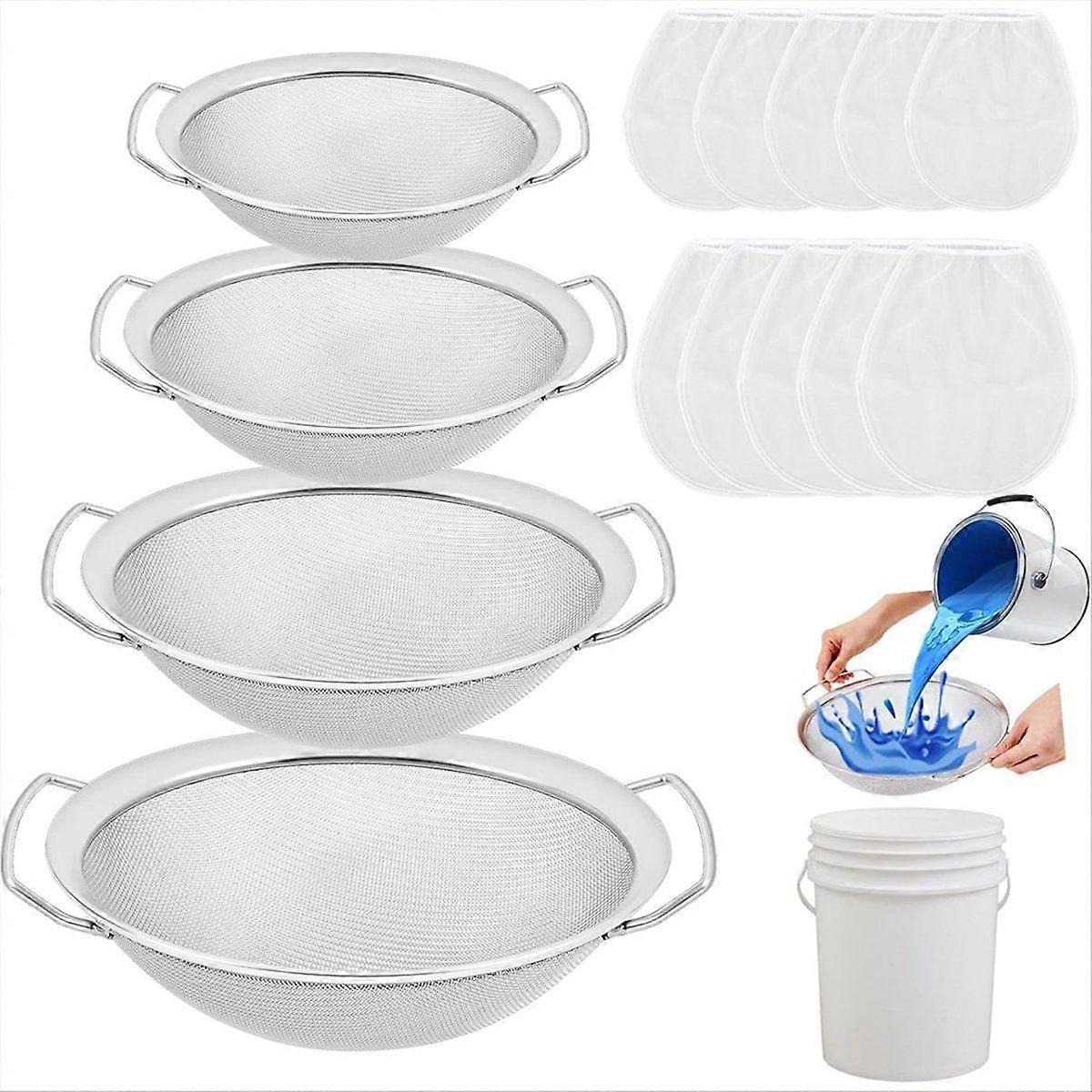 14 Pcs Mesh Paint Strainer Combo Set with 4 Size 60 Mesh Strainer, 10 Pcs Paint Nylon White Fine Ba