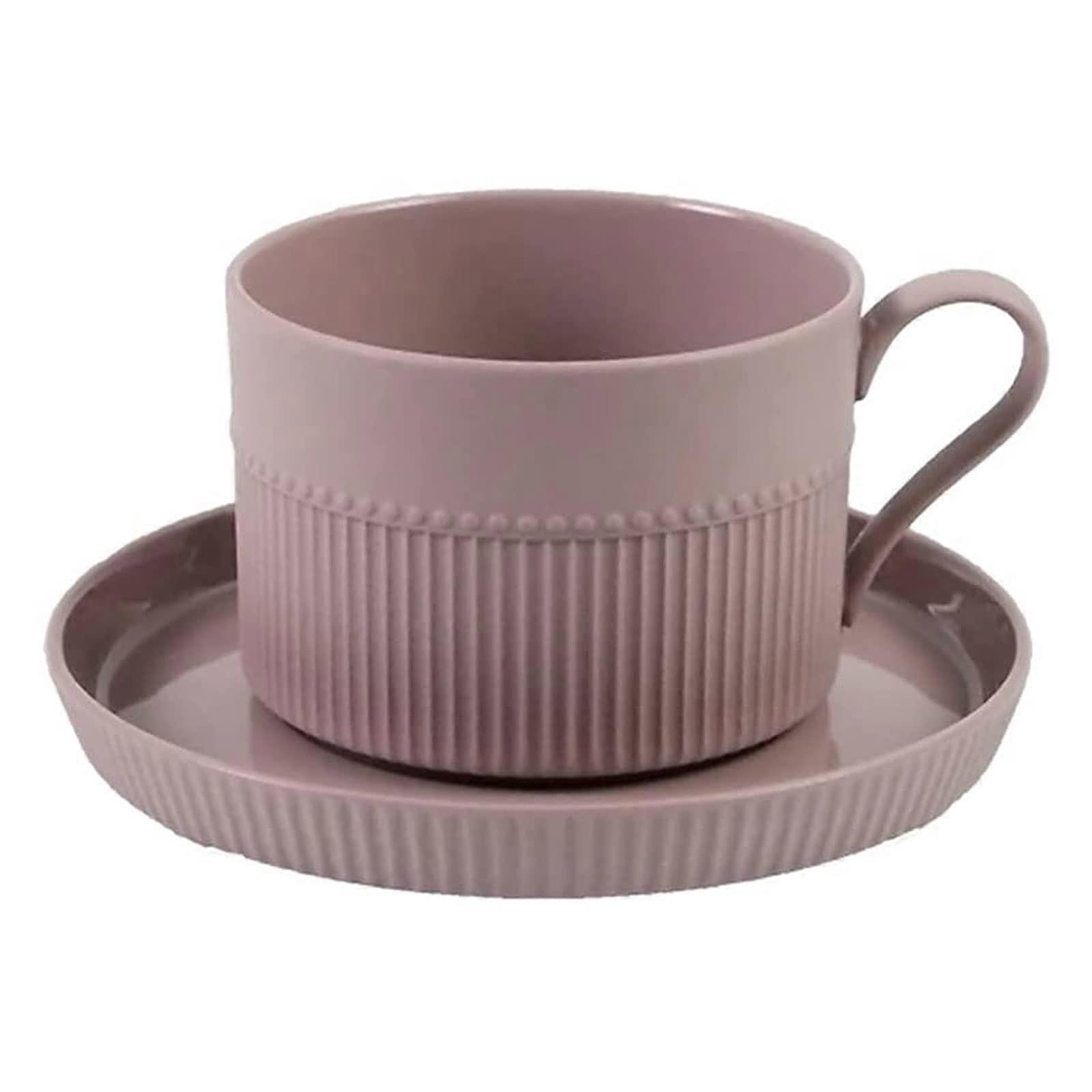Ceramic Coffee and Espresso Cups Set with Vertical Stripes, Handle and Saucer for Tea